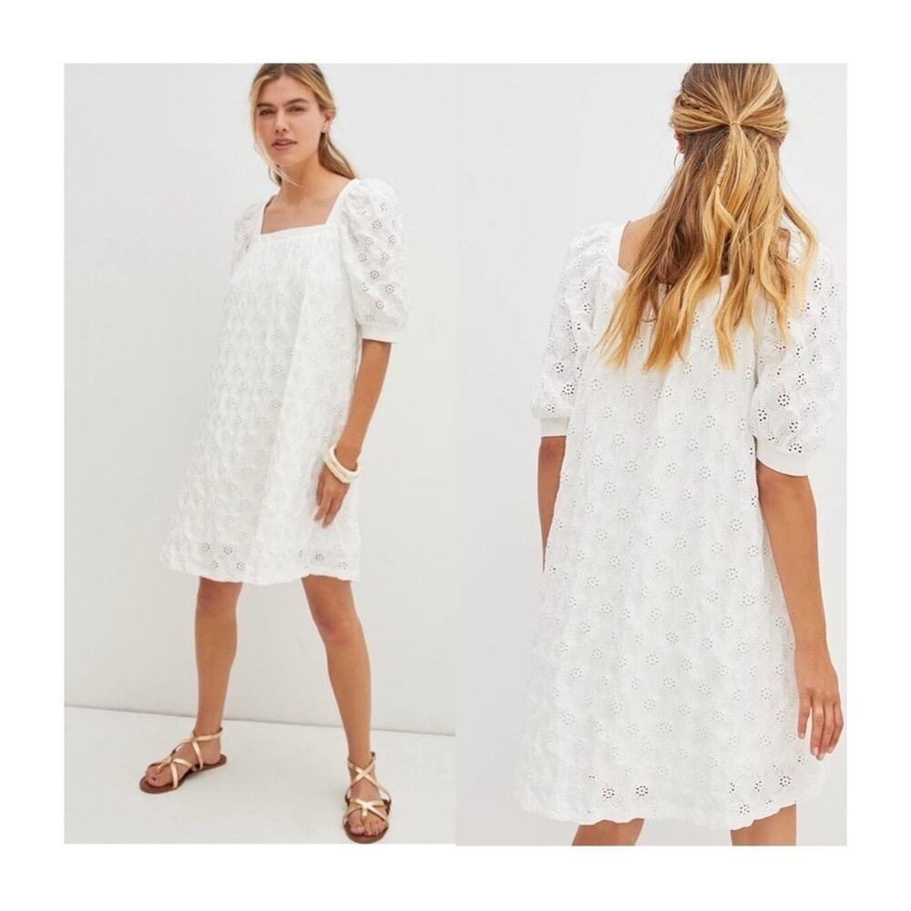 Anthropologie White Eyelet Puff-Sleeve Square-Neck Dress